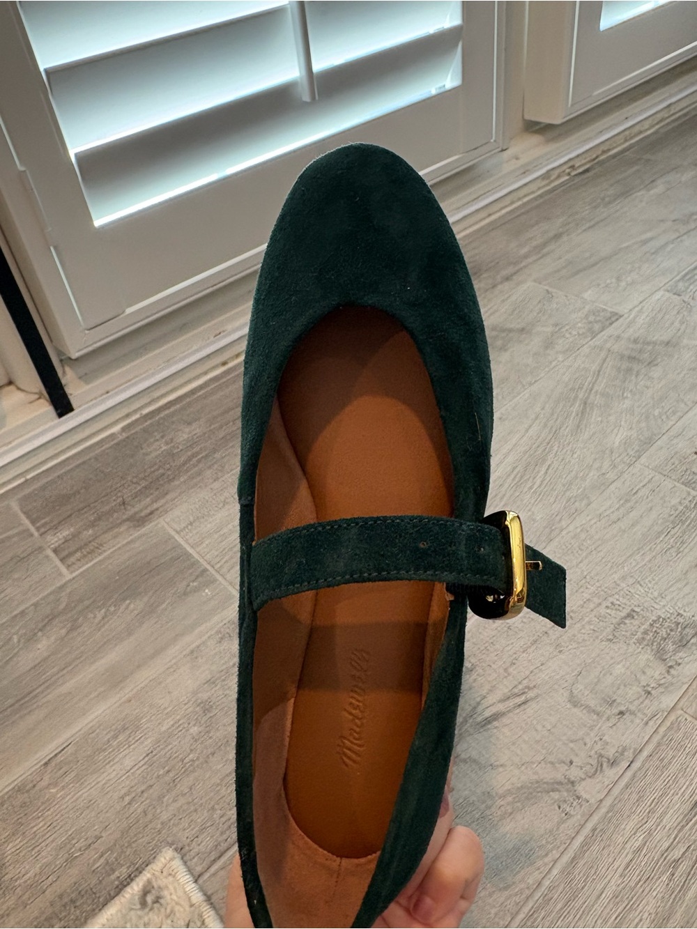 Madewell Emerald Green Suede Mary Jane Flat with Gold Buckle